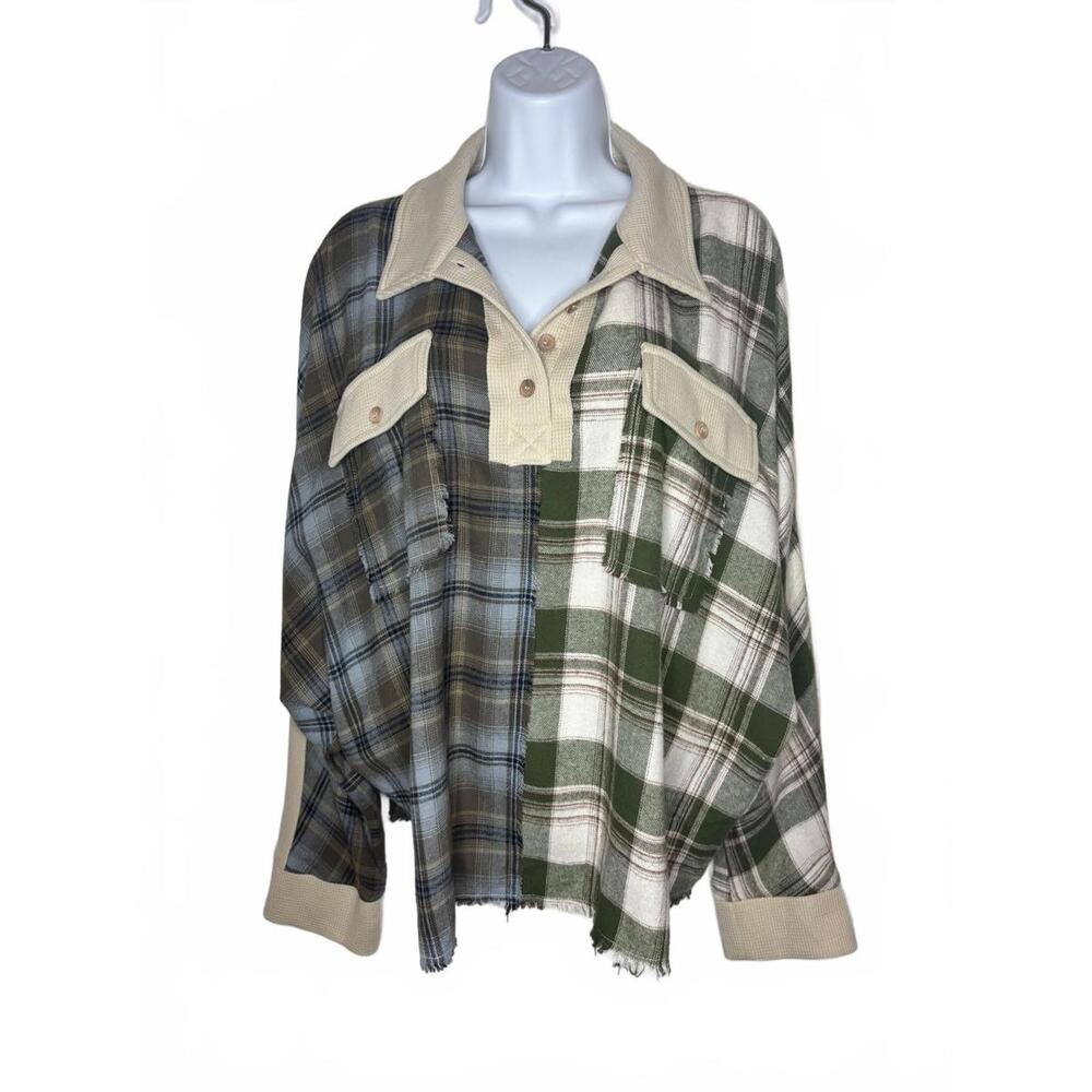 BiBi Women's Sz L Color Block Plaid Oversized Dolman Sleeve Pullover(1911)